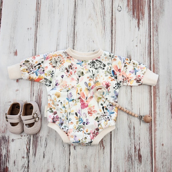 Floral baby girl over-sized bodysuit, organic infant romper, spring and summer jumper, baggy sweatshirt bodysuit, fall clothes, birthday