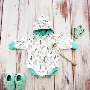 Organic llamas print hoodie romper, cactus sweatshirt bodysuit, baby boy clothes, baby girl outfit, over-sized sweater romper, 1st Birthday