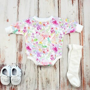 Organic Floral Baby Girl Romper, Oversized Baby Sweatshirt, Baggy Bodysuit, Boho Girl Flower Print, Colorful Baby Clothes, Sweater Romper