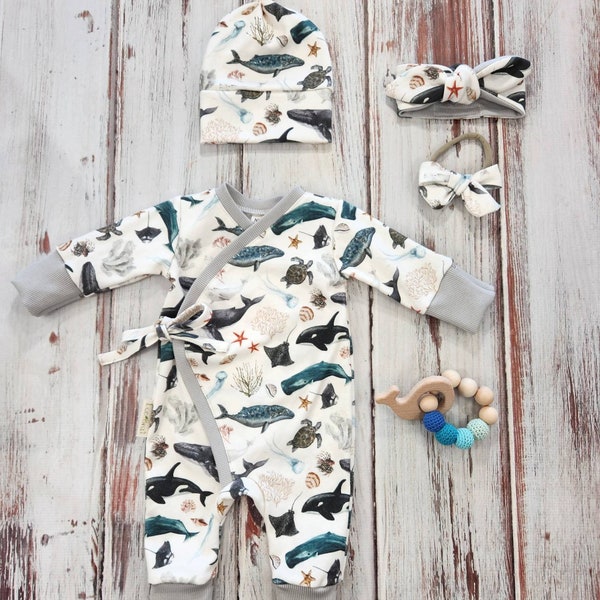 Gender neutral coming home outfit, ocean print kimono romper, baby boy, baby girl hospital outfit, infant sleeper, organic baby clothes