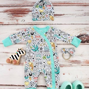 Organic Baby Kimono Romper: Tattoo Print Outfit with Knot Beanie