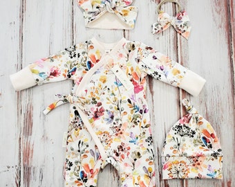 Floral baby coming home outfit, organic kimono romper, summer baby clothing, spring infant romper, soft sleeper, floral baby jumpsuit
