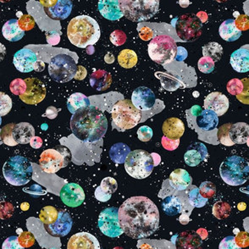 May include: A repeating pattern of colorful planets and celestial bodies against a black background. The planets vary in size and color, including shades of blue, pink, yellow, and green, with some featuring rings and craters. Silver-gray nebulas and white stars fill the space.