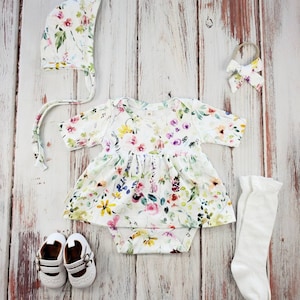 Organic Floral Baby Bodysuit Dress: Spring Layette Outfit