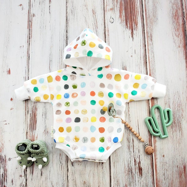 Organic polka dot baby hoodie romper, over-sized infant sweatshirt, baby boy outfit, girl clothing colorful watercolor dots sweater bodysuit