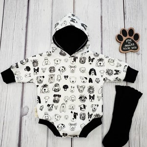Organic dog print hoodie romper, infant sweatshirt bodysuit, gender neutral baby gift, comfy baby clothing, baggy puppy print baby outfit