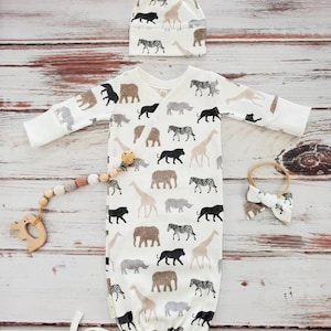 Organic Safari Baby Gown with Knot Hat: Gender Neutral Sleeper