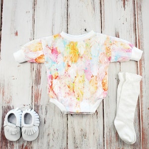 Organic Feather Girl Romper, Oversized Baby Girl Sweatshirt, Baggy Bodysuit,  Boho Girl Outfit, Colorful Baby Clothes, !st Birthday Outfit