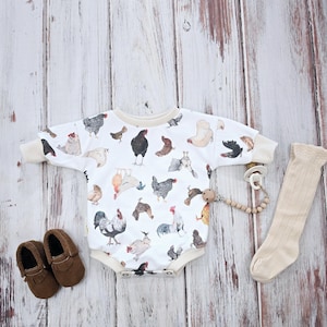 Organic chicken print baggy bodysuit, gender neutral farm outfit, toddler over-sized sweater romper, baby boy or girl, birthday shower gift