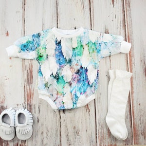 Organic Baby Girl Sweater Romper, Oversized Baby Sweatshirt, Baggy Bodysuit, Pretty Boho Girl Blue Feather Print, Colorful Baby Clothes,