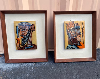 Phoenician Soldiers Pair of MCM Midcentury Enamel Panels in Frames