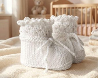 Knitted baby shoes, christening shoes, knitted shoes, white, christening, baby, wedding, celebration, neutral, solid color, pattern, anti-pilling