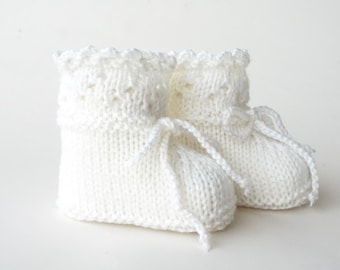 Baby shoes knitted christening shoes knitted shoes white baptism baby wedding celebration neutral uni pattern antipilling