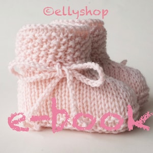 May include: Pink knitted baby booties with a bow on the front. The booties are tied with a ribbon. The text "e-book" is written in pink at the bottom of the image.