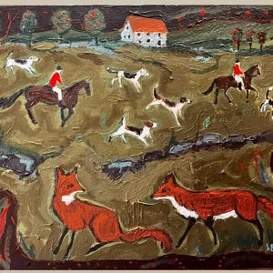 Puede incluir: Pintura al óleo que representa una escena de caza de zorros. Dos zorros en primer plano, con jinetes a caballo y perros en el fondo. La pintura tiene un aspecto texturizado, con una paleta de marrones, verdes y rojos, en un paisaje rural.