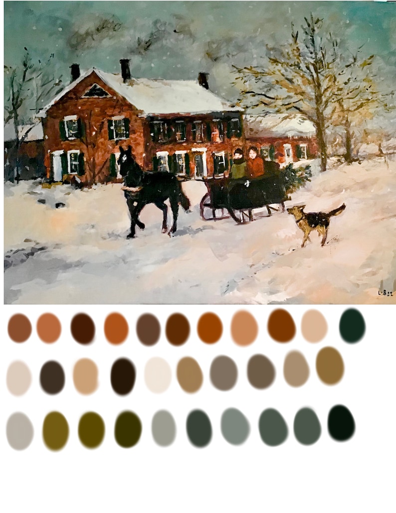 Op de afbeelding: Een besneeuwde wintersc&egrave;ne met een rood bakstenen huis, een zwart paard dat een slee trekt met mensen erin en een hond die in de sneeuw rent.