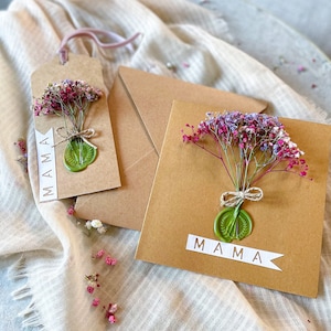 Karte zum Muttertag mit Trockenblumen - Geschenkanhänger Geschenk Mama| Faltkarte & Deko Anhänger aus Kraftpapier| Geschenk Muttertag|