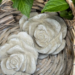 Op de afbeelding: Twee grijze betonnen rozen sculpturen in een rieten mand. De rozen zijn gedetailleerd en realistisch.