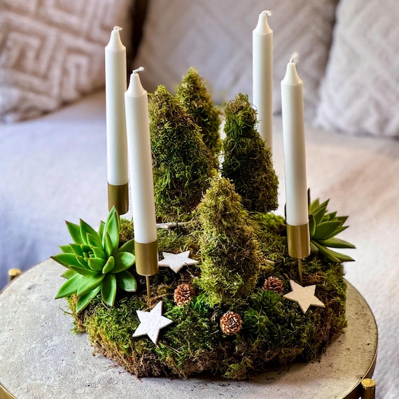 Adventskranz modern aus Moos mit Sukkulente | Tischdeko Weihnachten mit Moos Bäumchen | ausgefallene Adventskränze | grüne Weihnachtsdeko