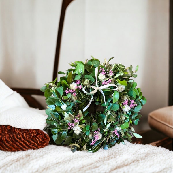 Eukalyptus Kranz frisch mit Olivengrün | Blumenkranz Türkranz Sommer | Tischkranz für Windlicht | Geschenke zum Einzug | Tischdeko Hochzeit