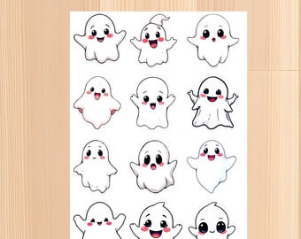 Cute Ghost Halloween Stickers – Glossy Sticker Sheet for Planners, Journals, Scrapbooking, Spooky Kawaii Ghosts, Fall Stationery