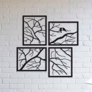 Tree Branches with Lovely Birds, 4 Pieces Metal Wall Art, Christmas Gifts, Modern Rustic Wall Decor, Living Room Home Decor, New Home Gifts