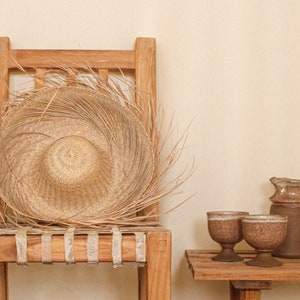 vintage Mexican straw grass sun hat woven rattan palm leaf natural fringe sombrero authentic beach souvenir wall hanging rustic primitive image 1