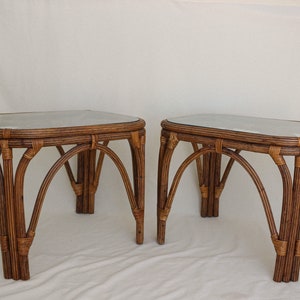 vintage grooved bamboo end tables pair rattan furniture set rattan side tables with glass tops modern bohemian decor art loves antiques