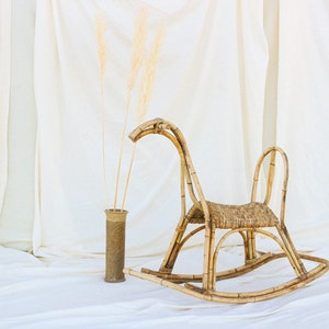 mid century rattan rocking horse Danish Scandinavian kids room wicker bohemian nursery decor rustic wabi sabi furniture photo prop portrait image 1