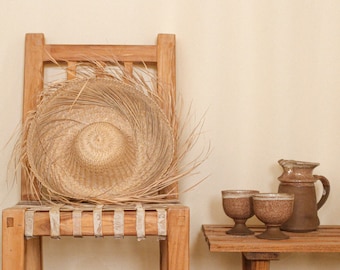 vintage Mexican straw grass sun hat woven rattan palm leaf natural fringe sombrero authentic beach souvenir wall hanging rustic primitive