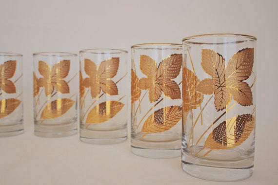 FULL SET of 8 Vintage Anniversary Glasses 8 Tall Drinking Glasses / Tumblers  With a Gold Gilded Design and 'happy Anniversary'. 