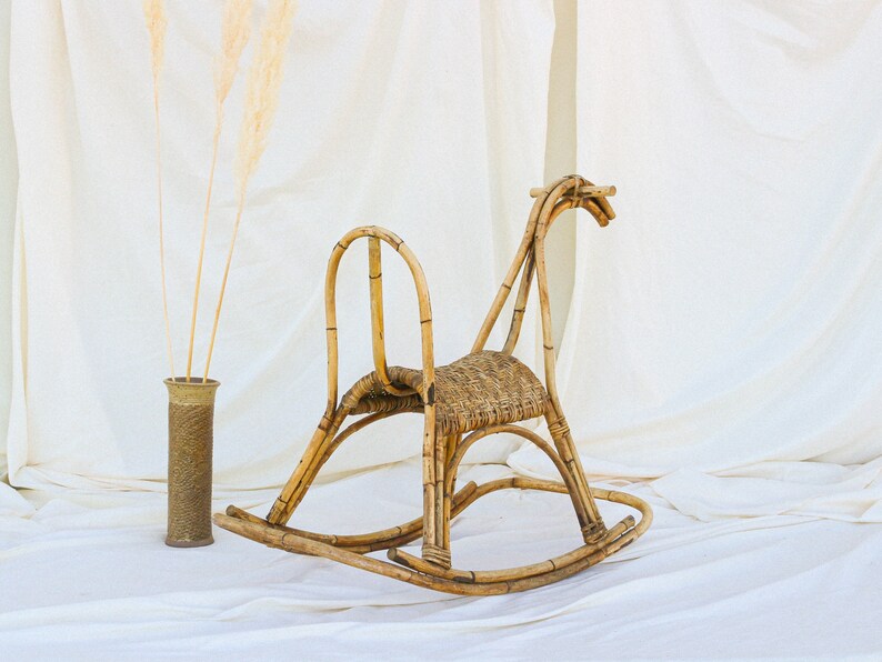 mid century rattan rocking horse Danish Scandinavian kids room wicker bohemian nursery decor rustic wabi sabi furniture photo prop portrait image 7