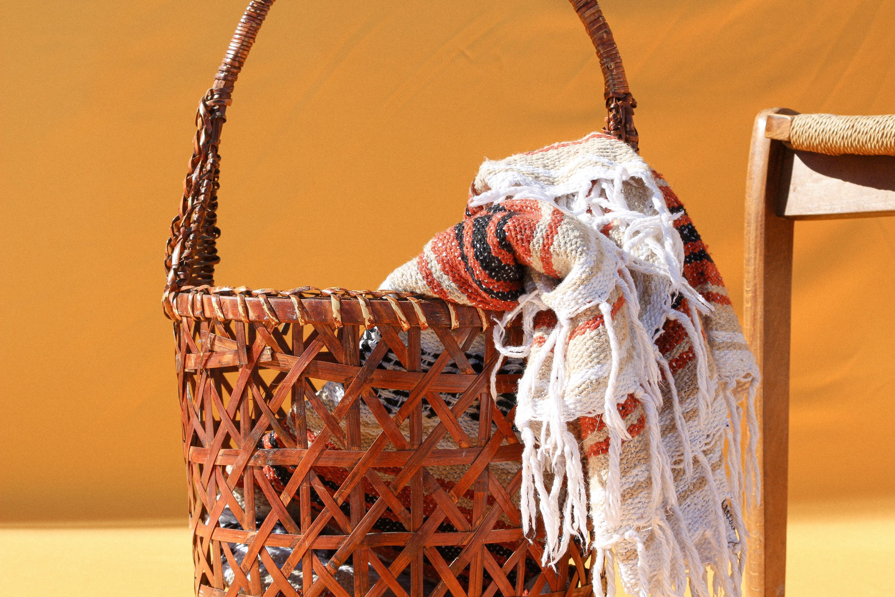 Large Floor Basket Vintage Open Weave Basket With Handle Etsy