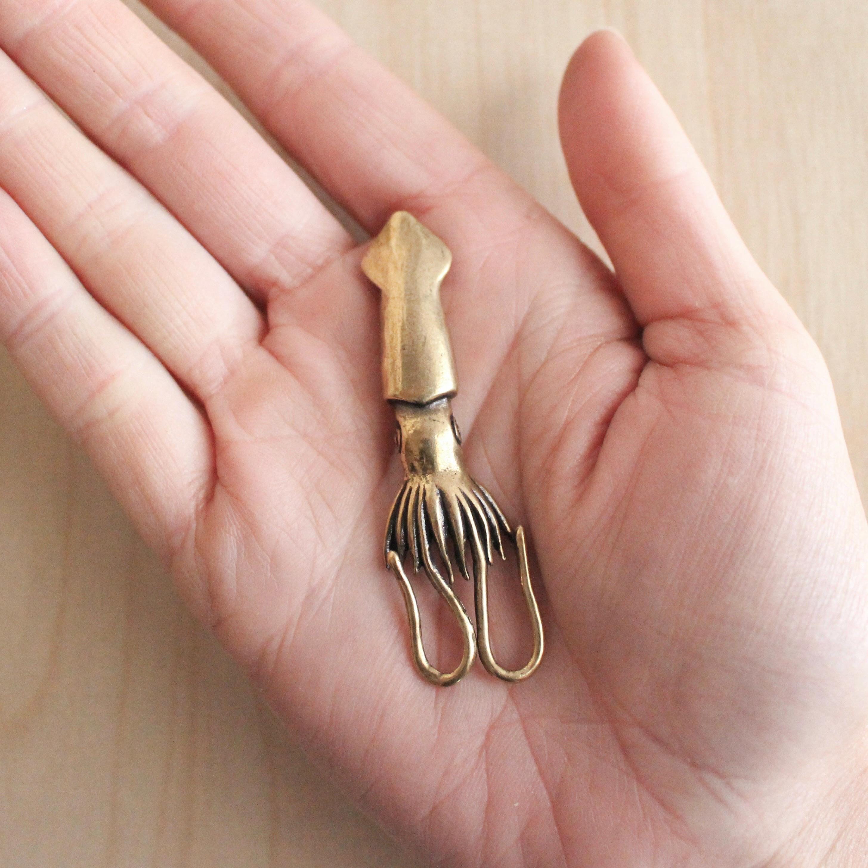 handmade antique brass squid, miniature gold charm, sea creature oddity curio novelty decor