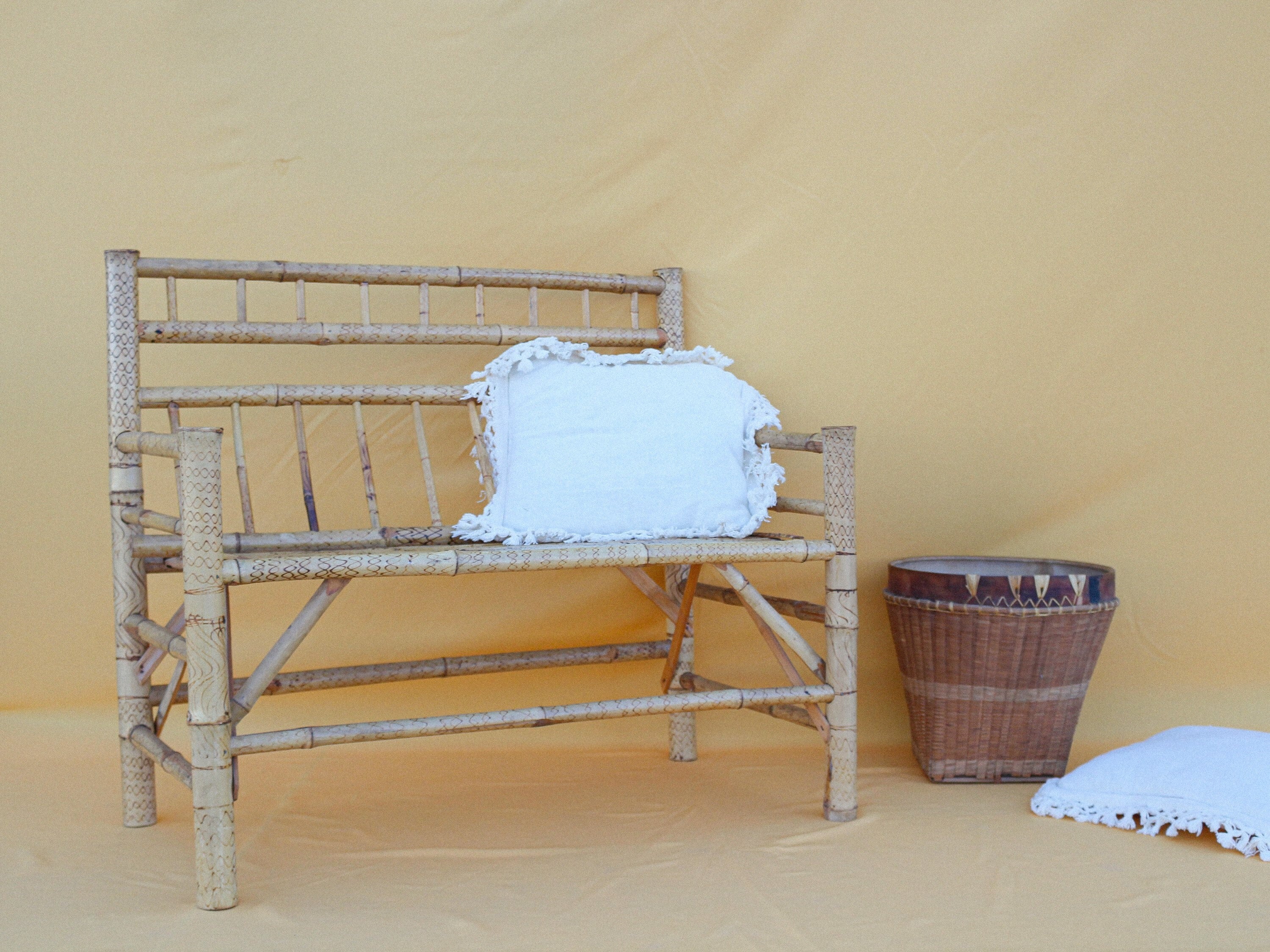 Bamboo Rattan Loveseat Bench Vintage Chinoiserie Settee