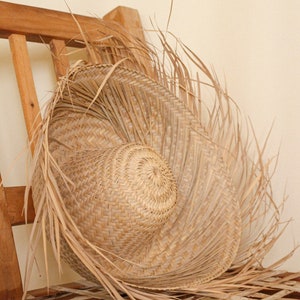 vintage Mexican straw grass sun hat woven rattan palm leaf natural fringe sombrero authentic beach souvenir wall hanging rustic primitive image 5