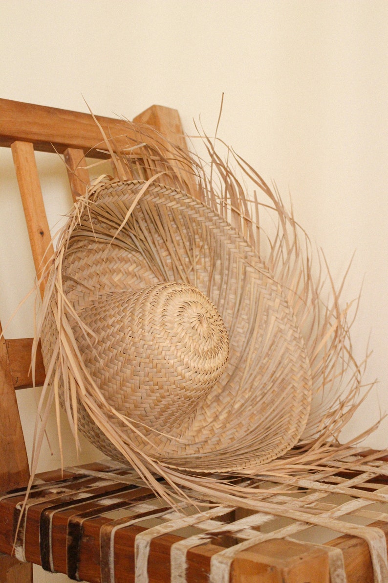 vintage Mexican straw grass sun hat woven rattan palm leaf natural fringe sombrero authentic beach souvenir wall hanging rustic primitive image 5