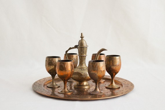 New Mini small Brass Wine Goblet cups with tray miniature 