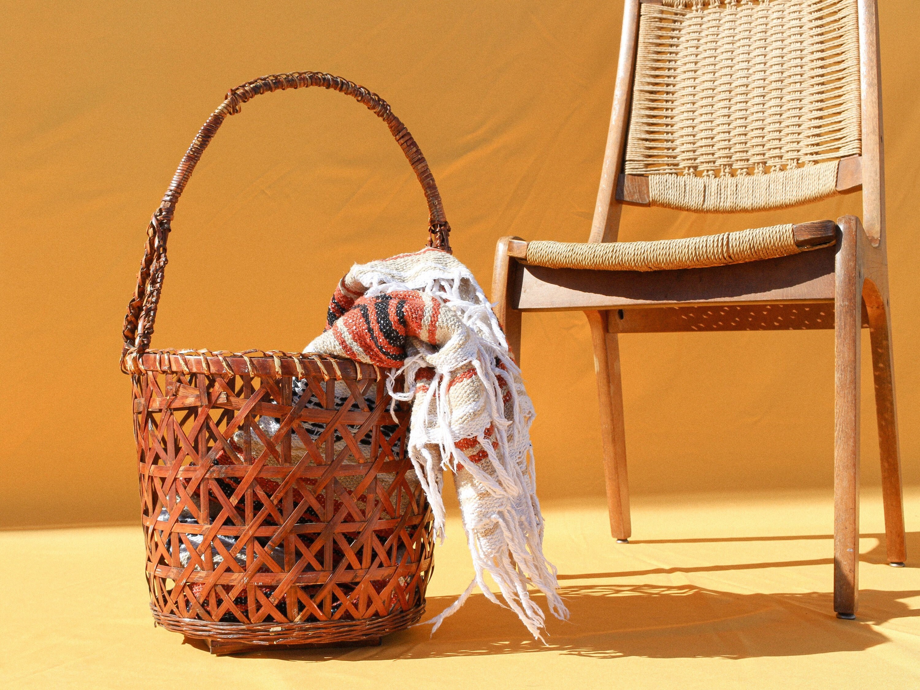 Large Floor Basket Vintage Open Weave Basket With Handle Etsy