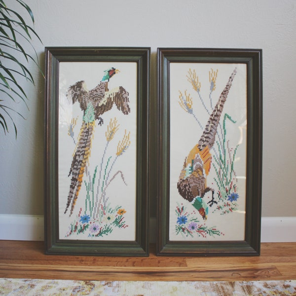 RESERVED antique cross stitch finished pheasant print diptych wall art framed boho decor mid century modern art fall decor fall decorations