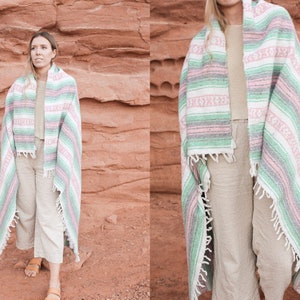 vintage Mexican saltillo serape throw blanket authentic wool falsa bohemian soft warm camping adventure travel handmade fringe accent