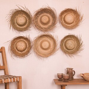 vintage Mexican straw grass sun hat woven rattan palm leaf natural fringe sombrero authentic beach souvenir wall hanging rustic primitive image 8