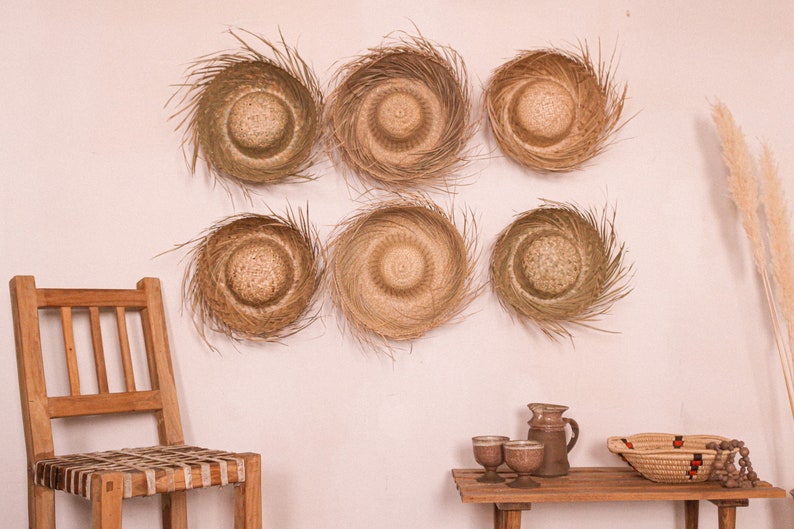 vintage Mexican straw grass sun hat woven rattan palm leaf natural fringe sombrero authentic beach souvenir wall hanging rustic primitive image 8