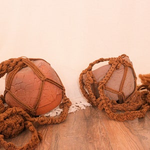 vintage hanging macrame pottery lamps hand thrown terracotta swag light plug in bohemian lighting wall hanging 70s decor reading nook