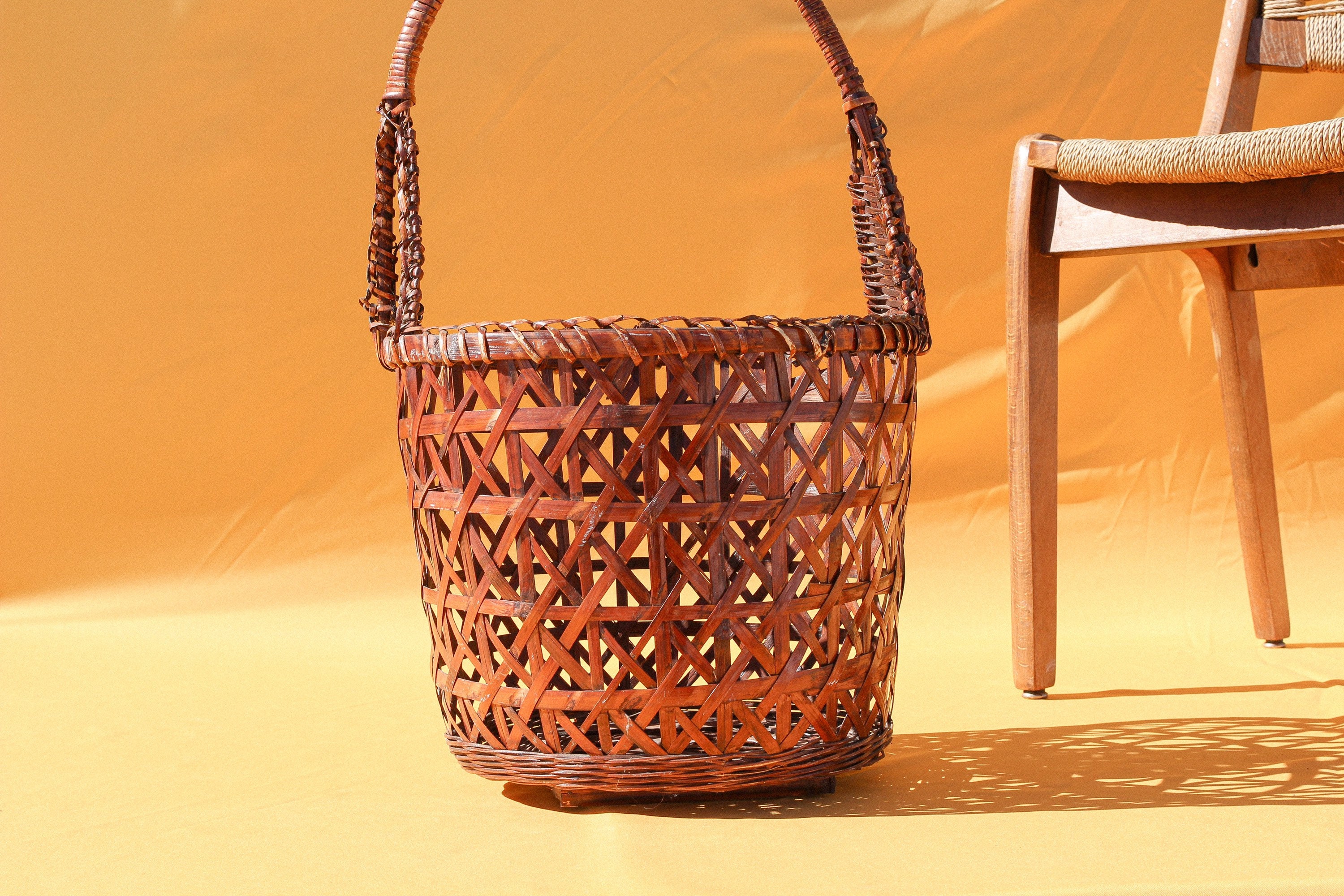 Large Floor Basket Vintage Open Weave Basket With Handle Etsy