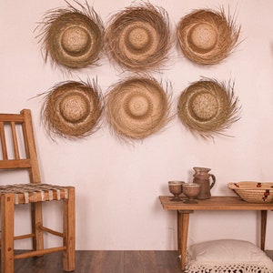 vintage Mexican straw grass sun hat woven rattan palm leaf natural fringe sombrero authentic beach souvenir wall hanging rustic primitive image 2