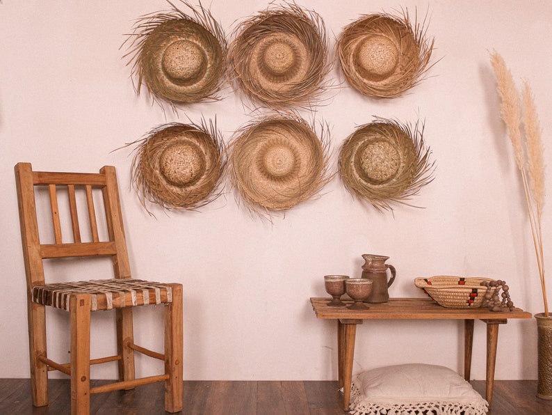 vintage Mexican straw grass sun hat woven rattan palm leaf natural fringe sombrero authentic beach souvenir wall hanging rustic primitive image 2