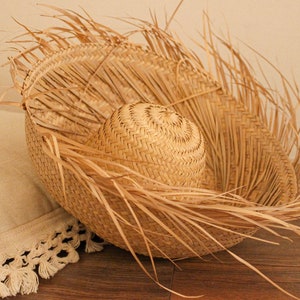 vintage Mexican straw grass sun hat woven rattan palm leaf natural fringe sombrero authentic beach souvenir wall hanging rustic primitive image 7