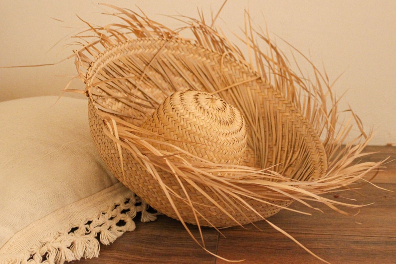 vintage Mexican straw grass sun hat woven rattan palm leaf natural fringe sombrero authentic beach souvenir wall hanging rustic primitive image 7