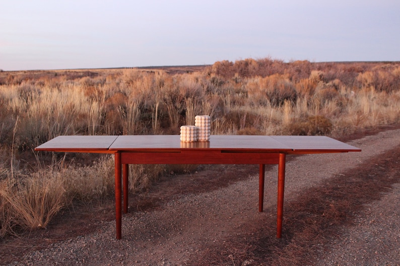 Puede incluir: Una mesa de comedor extensible de madera oscura con dos macetas de cer&aacute;mica blanca sobre la superficie. La mesa est&aacute; situada sobre un fondo de matorrales secos y marrones.